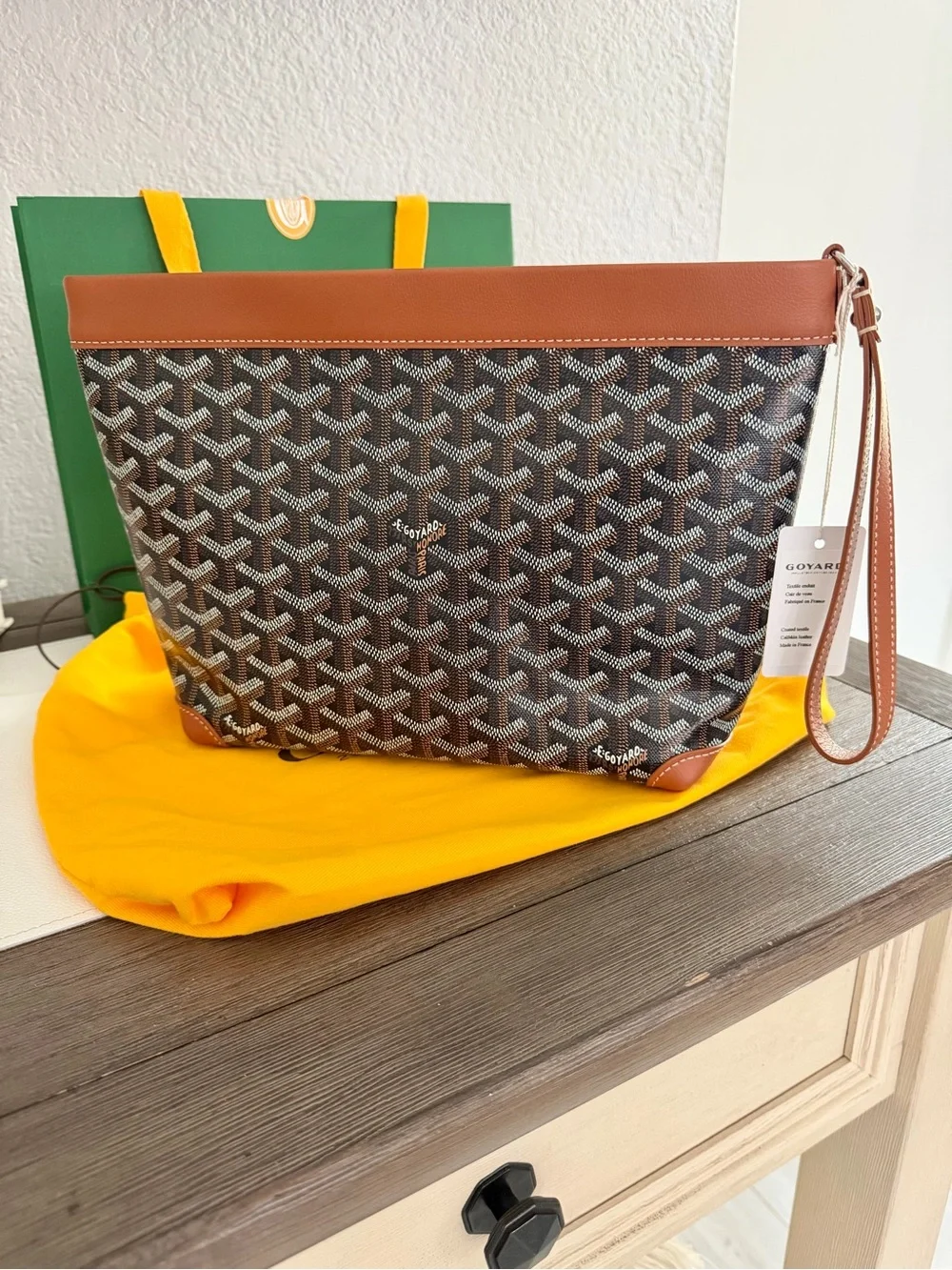 Goyard Brown Goyardine Zip Wristlet with Tan Leather Trim